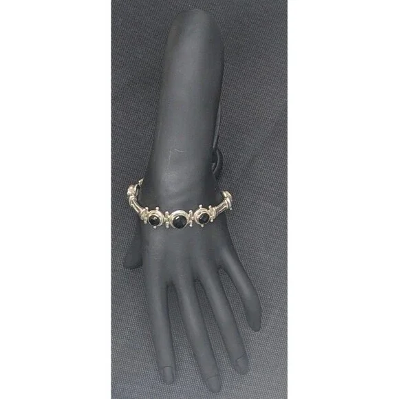 Sterling Silver & Black Spinel Round Checkerboard Toggle Bracelet, Adjustable - Picture 1 of 5